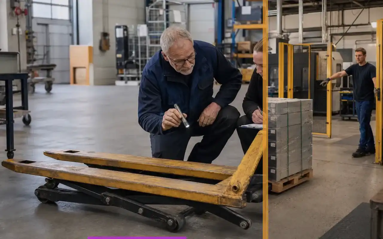 Hochhubwagen mit 1.200 kg für enge Gänge: redaktionelle Bildkomposition zur Arbeitssituation