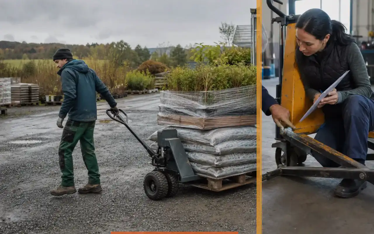 Hochhubwagen mit 1.200 kg für die Produktion: redaktionelle Bildkomposition zur Arbeitssituation