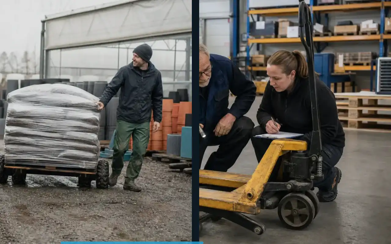 Hochhubwagen mit 1.500 kg für die Logistik: redaktionelle Bildkomposition zur Arbeitssituation