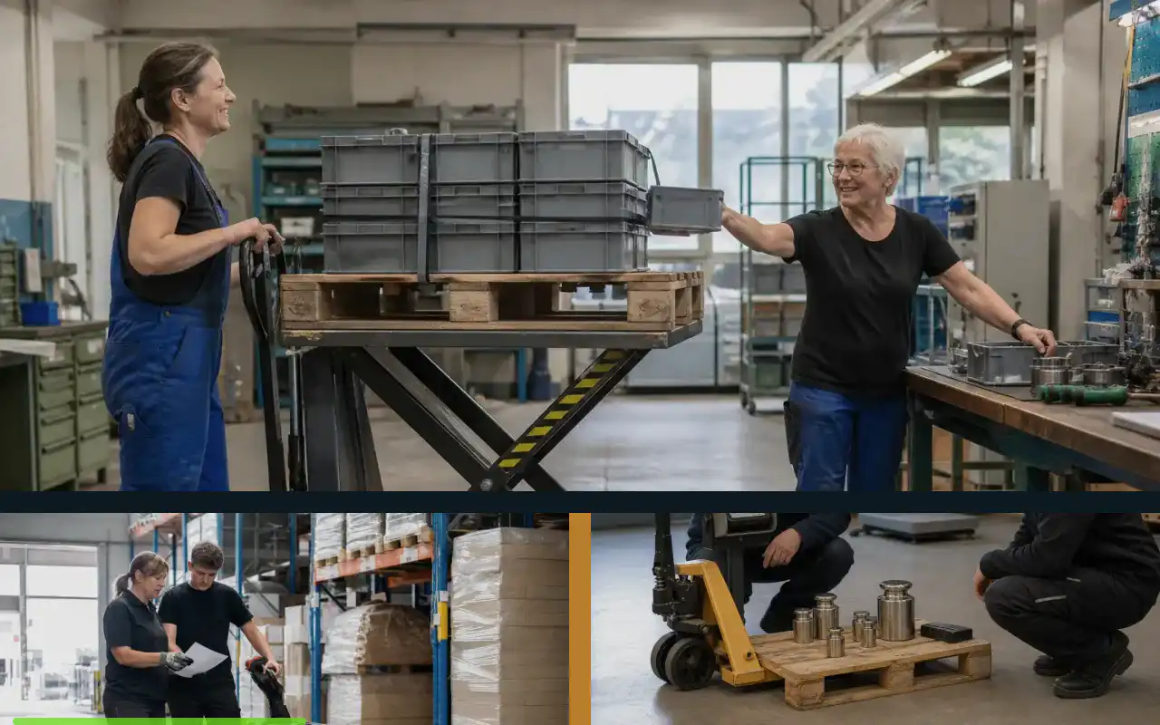 Hochhubwagen mit 1.600 kg für Europaletten: redaktionelle Bildkomposition zur Arbeitssituation