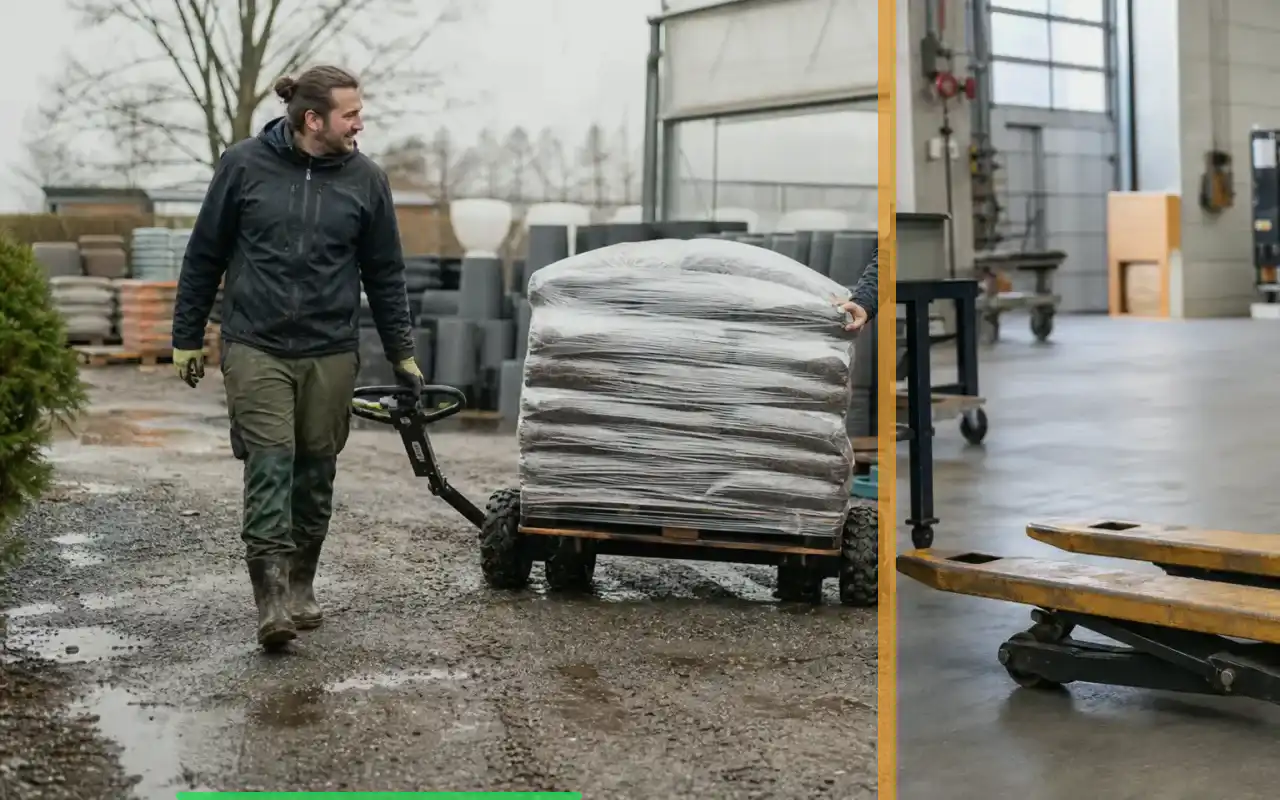 Hochhubwagen mit 2.000 kg für das Regallager: redaktionelle Bildkomposition zur Arbeitssituation