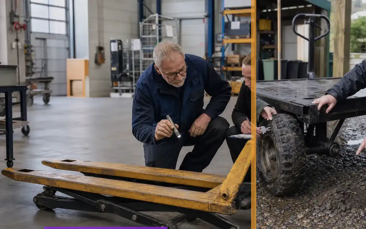 Hubhöhe eines Hochhubwagens richtig bestimmen: redaktionelle Bildkomposition zur Arbeitssituation