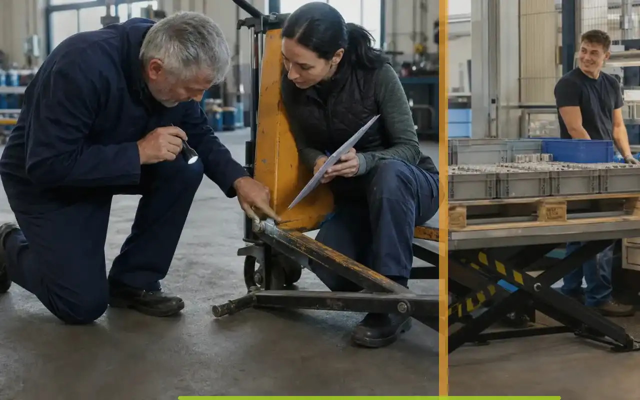 Hochhubwagen mit Fahrerplattform für die Produktion: redaktionelle Bildkomposition zur Arbeitssituation