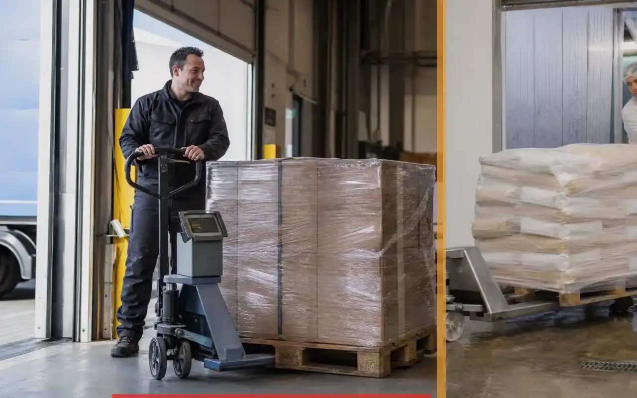 Hochhubwagen mit Lithium-Ionen-Akku für die Produktion: redaktionelle Bildkomposition zur Arbeitssituation