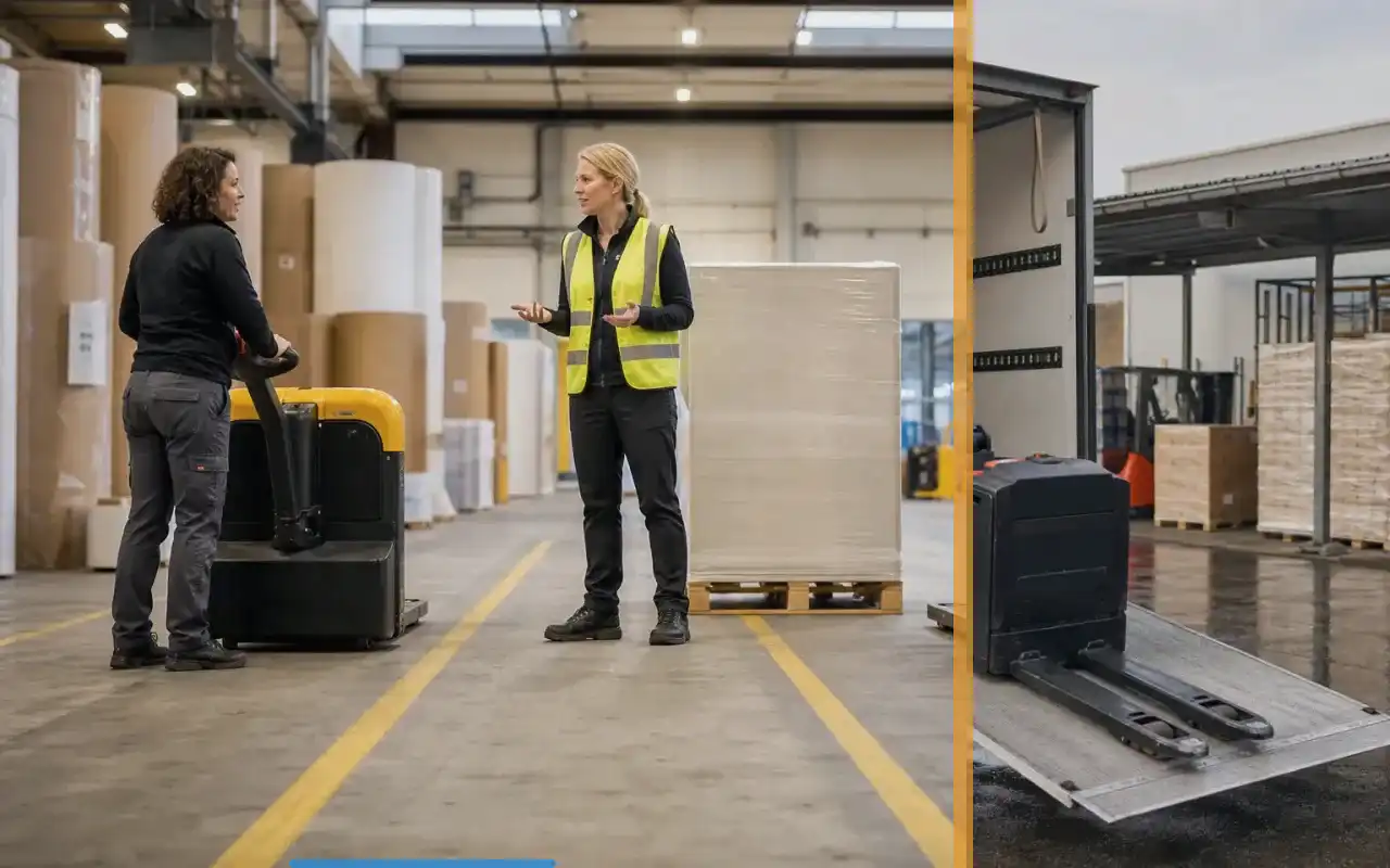 Checkliste für gebrauchte Hubwagen: redaktionelle Bildkomposition zur Arbeitssituation