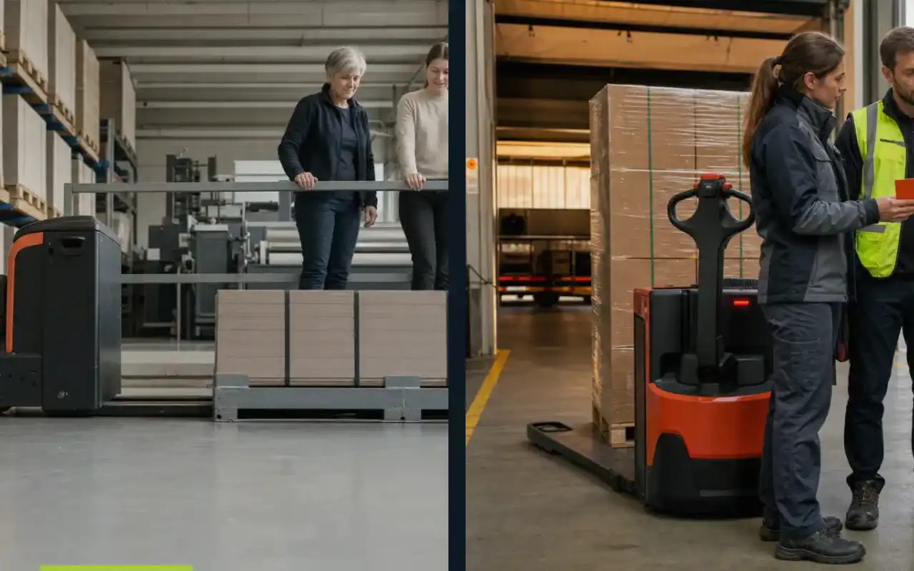 Geräusche am Hubwagen systematisch einordnen: redaktionelle Bildkomposition zur Arbeitssituation