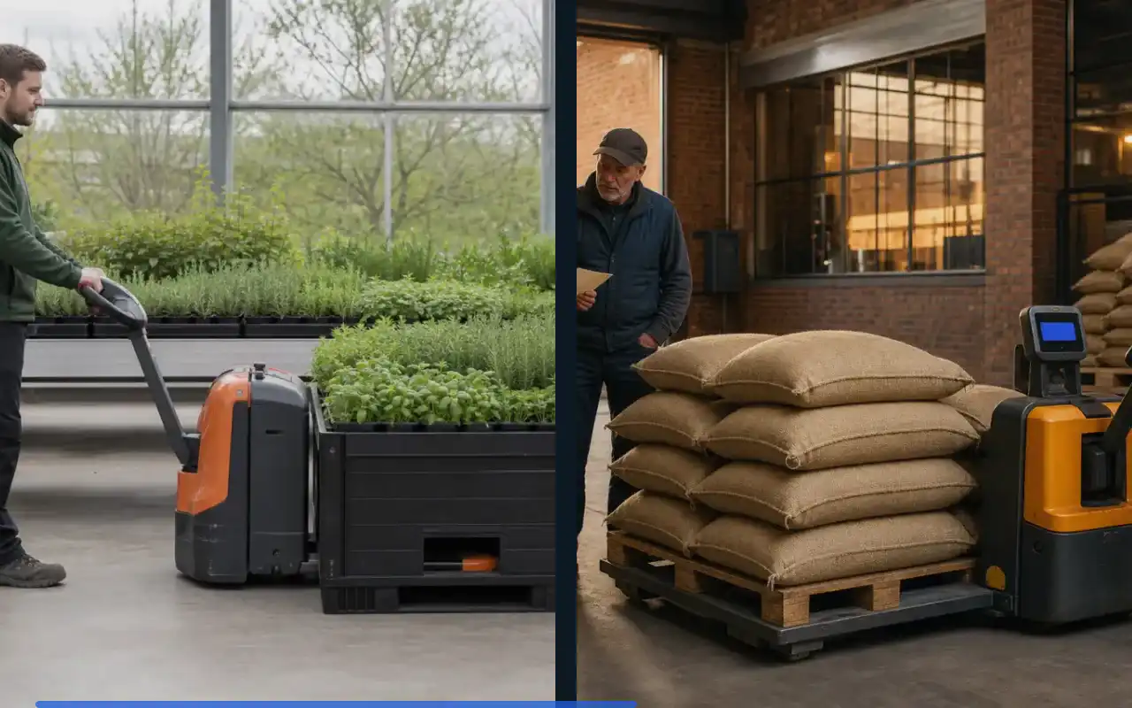 Warum senkt sich ein Hubwagen selbstständig ab?: redaktionelle Bildkomposition zur Arbeitssituation