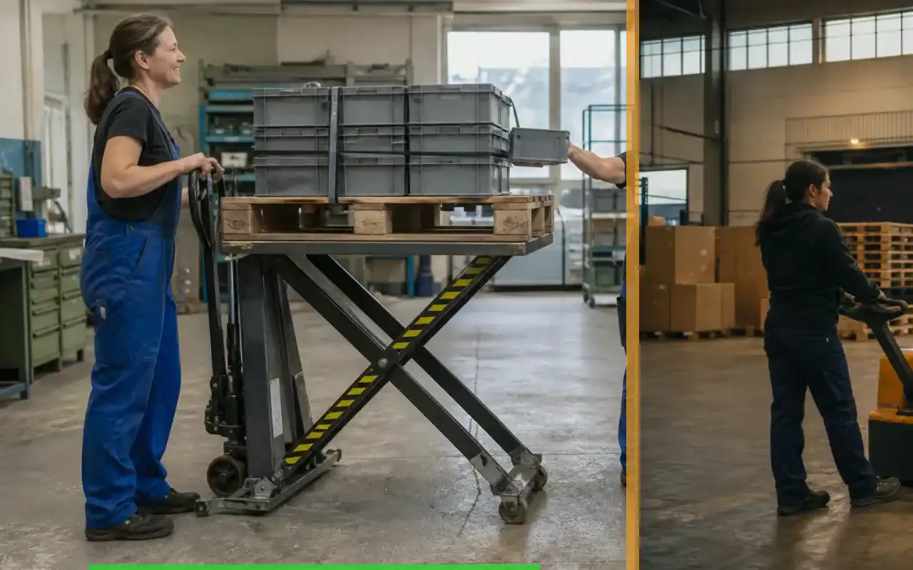 Mini-Hubwagen mit 1.000 kg für kleine Lager: redaktionelle Bildkomposition zur Arbeitssituation