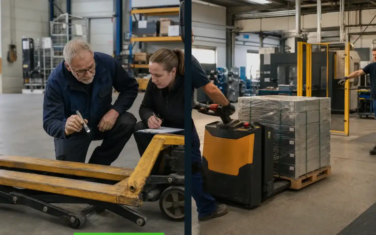 Mini-Hubwagen mit 1.000 kg für die Werkstatt: redaktionelle Bildkomposition zur Arbeitssituation