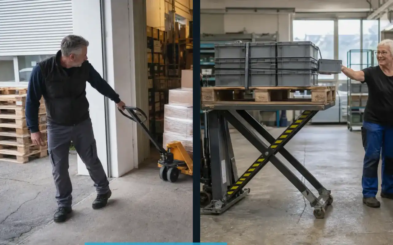 Mini-Hubwagen mit 1.500 kg für die Werkstatt: redaktionelle Bildkomposition zur Arbeitssituation