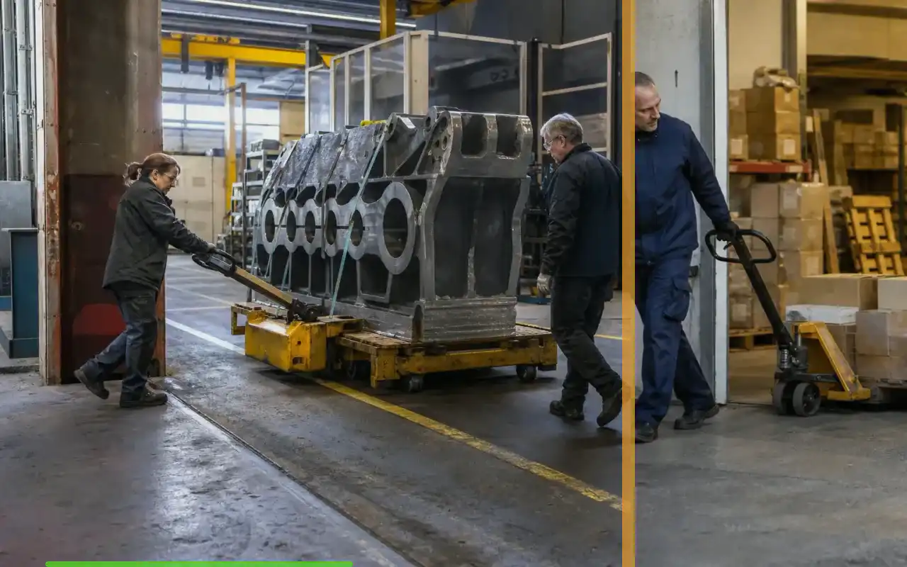 Mini-Hubwagen mit 500 kg für enge Gänge: redaktionelle Bildkomposition zur Arbeitssituation
