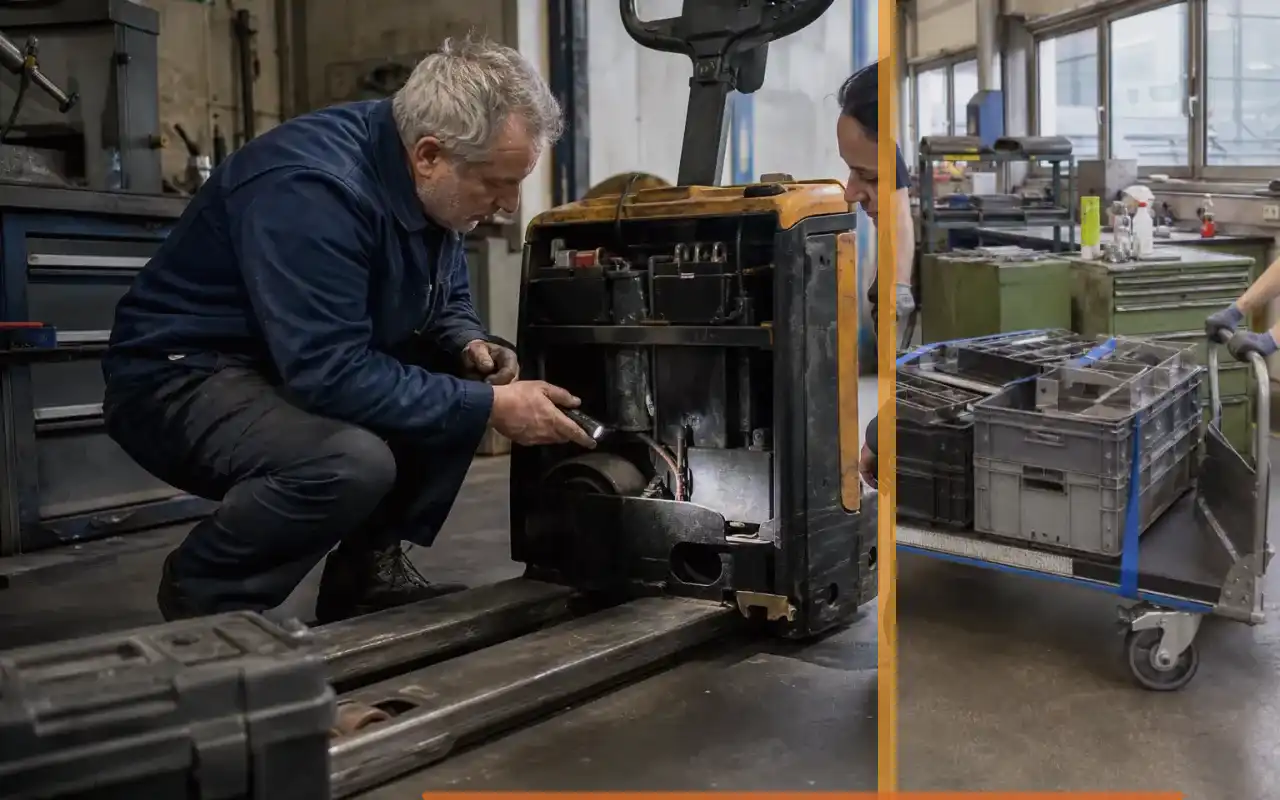 Mini-Hubwagen mit 500 kg für die Werkstatt: redaktionelle Bildkomposition zur Arbeitssituation