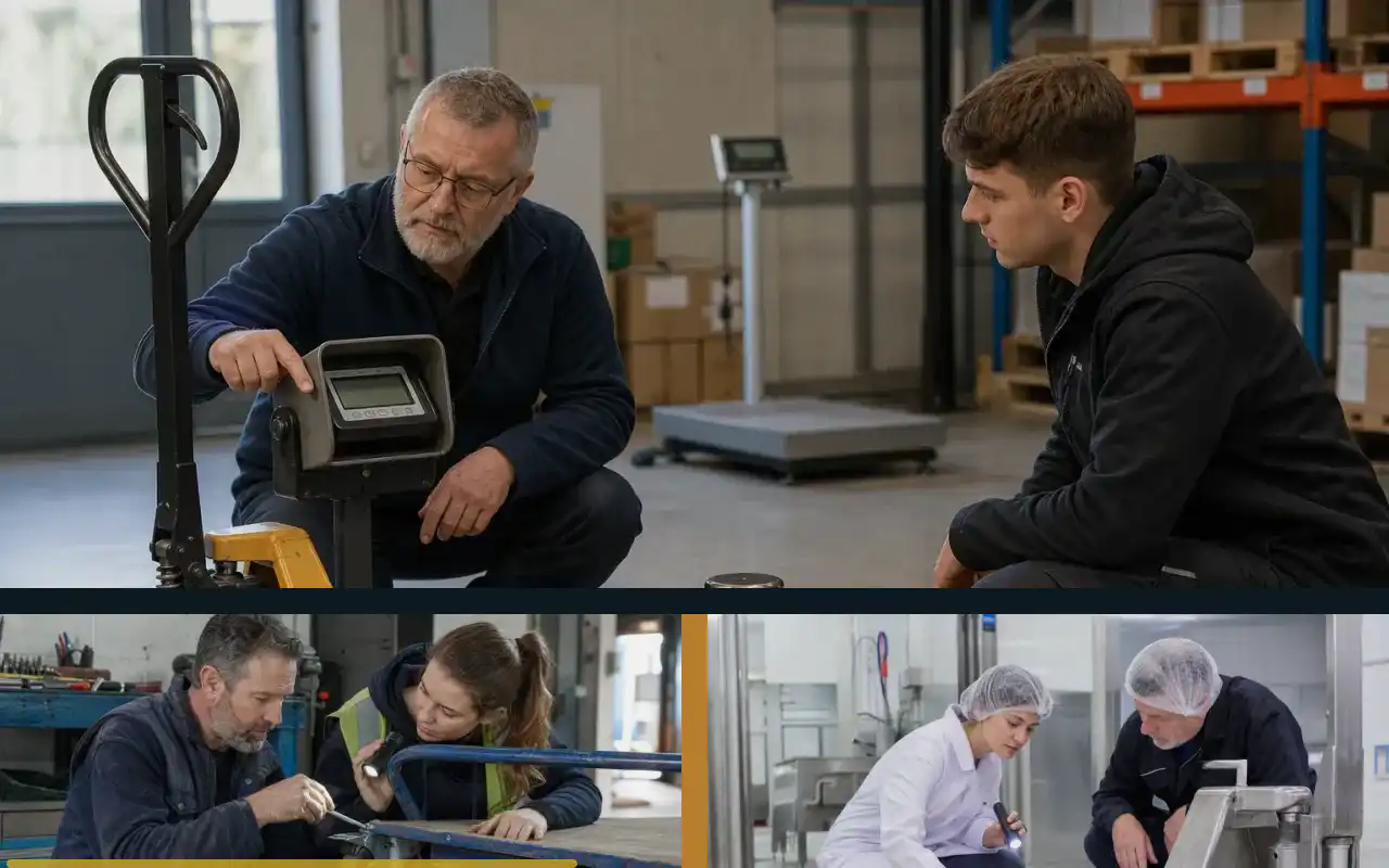 Mini-Hubwagen-Reparatur wirtschaftlich einordnen: redaktionelle Bildkomposition zur Arbeitssituation
