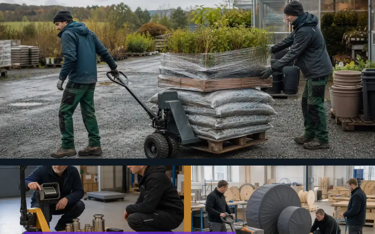 Mitgänger-Flurförderzeuge mit 1.200 kg für enge Gänge: redaktionelle Bildkomposition zur Arbeitssituation