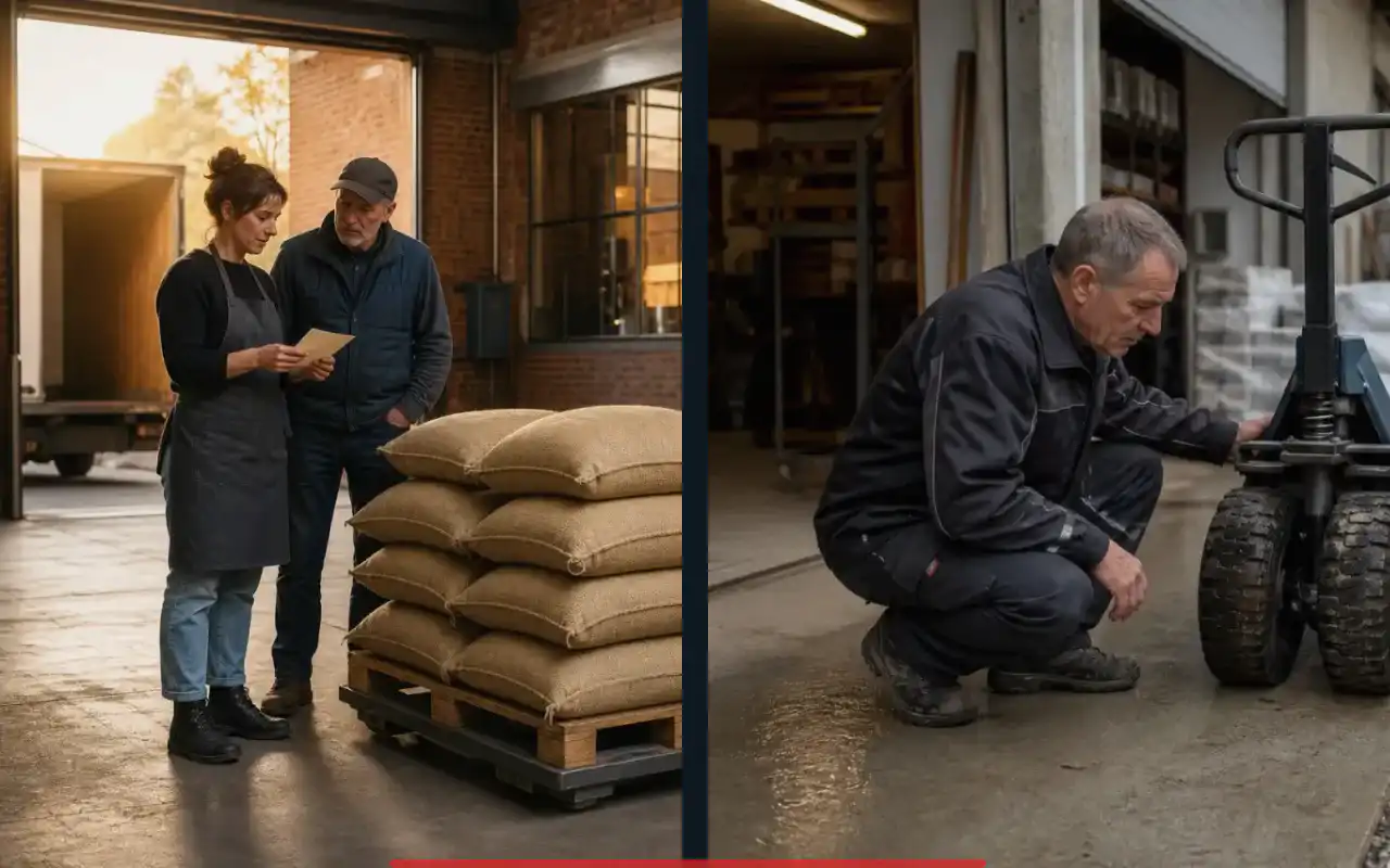 Mitgänger-Flurförderzeuge mit 1.200 kg für die Produktion: redaktionelle Bildkomposition zur Arbeitssituation