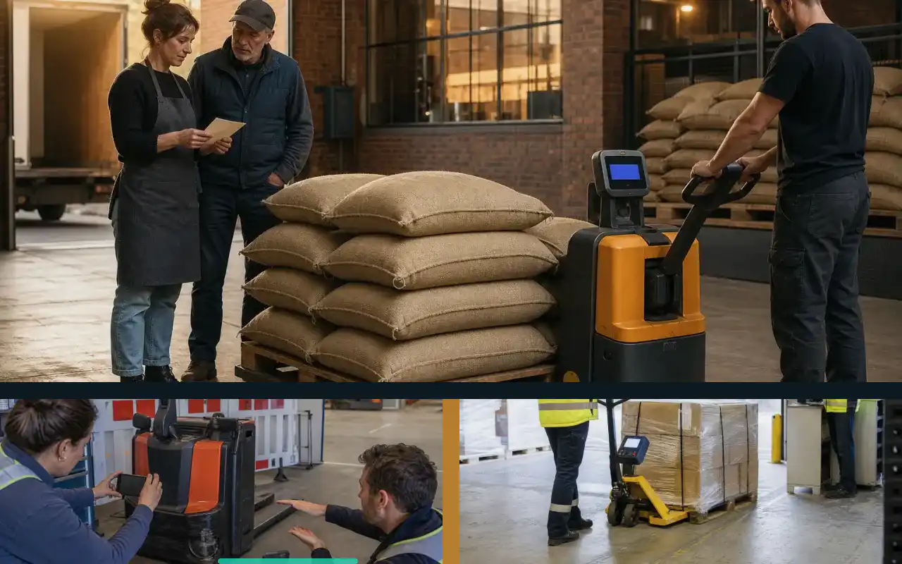 Mitgänger-Flurförderzeuge mit 1.600 kg für die Logistik: redaktionelle Bildkomposition zur Arbeitssituation