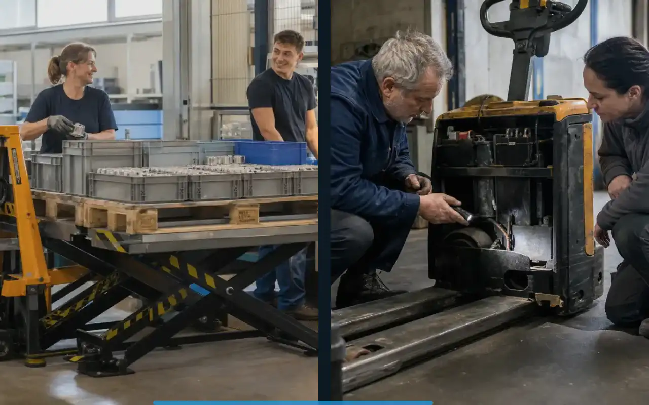 Mitgänger-Flurförderzeuge mit 2.000 kg für das Lager: redaktionelle Bildkomposition zur Arbeitssituation