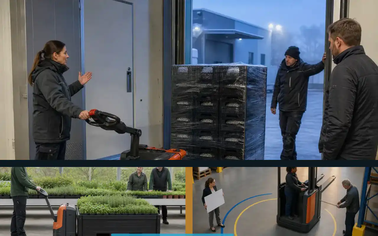 Mitgänger-Flurförderzeuge mit 2.000 kg für die Logistik: redaktionelle Bildkomposition zur Arbeitssituation
