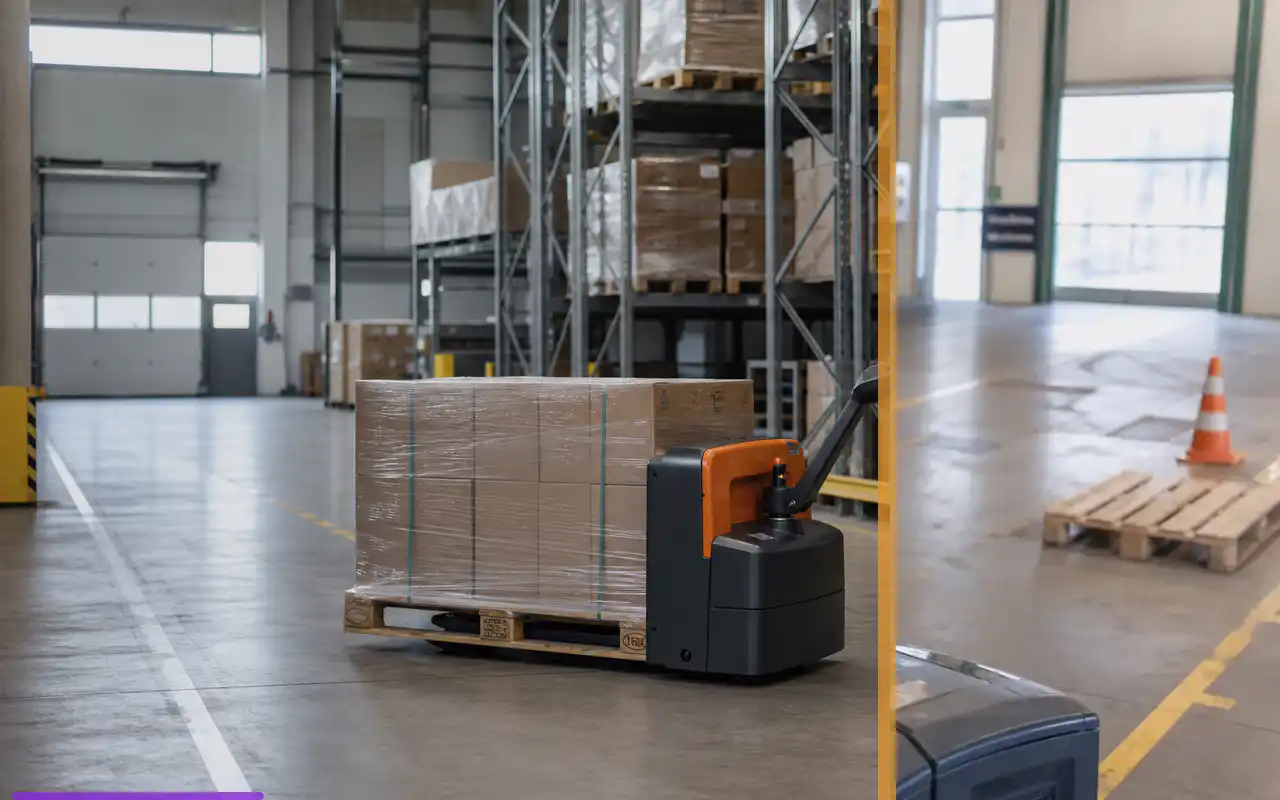 Mitgänger-Flurförderzeuge mit 2.000 kg für die Produktion: redaktionelle Bildkomposition zur Arbeitssituation