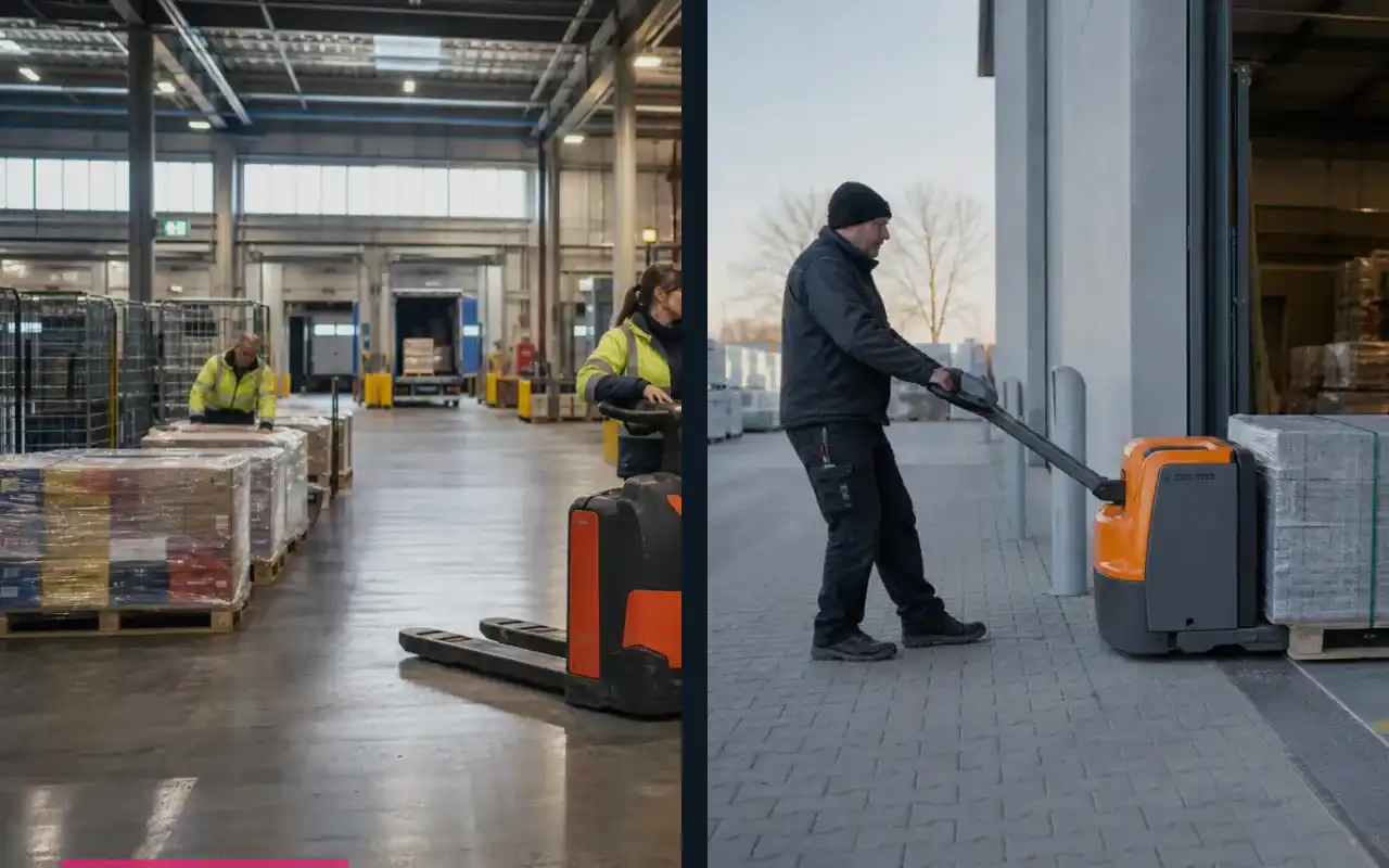 Mitgänger-Flurförderzeuge für das Lager: passend zum Prozess: redaktionelle Bildkomposition zur Arbeitssituation