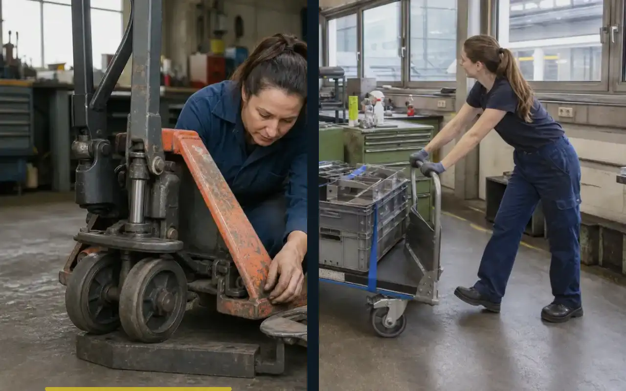 Mitgänger-Flurförderzeuge für die Produktion: passend zum Prozess: redaktionelle Bildkomposition zur Arbeitssituation