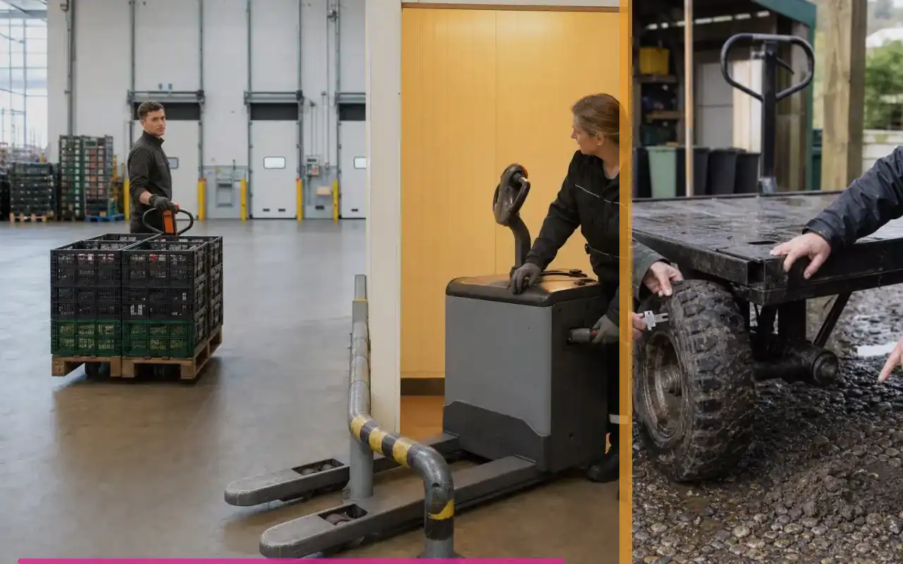 Niederhubwagen mit 1.400 kg für lange Strecken: redaktionelle Bildkomposition zur Arbeitssituation