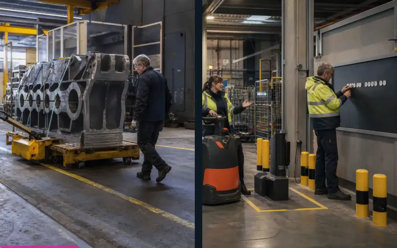 Niederhubwagen mit 1.400 kg für die Produktion: redaktionelle Bildkomposition zur Arbeitssituation