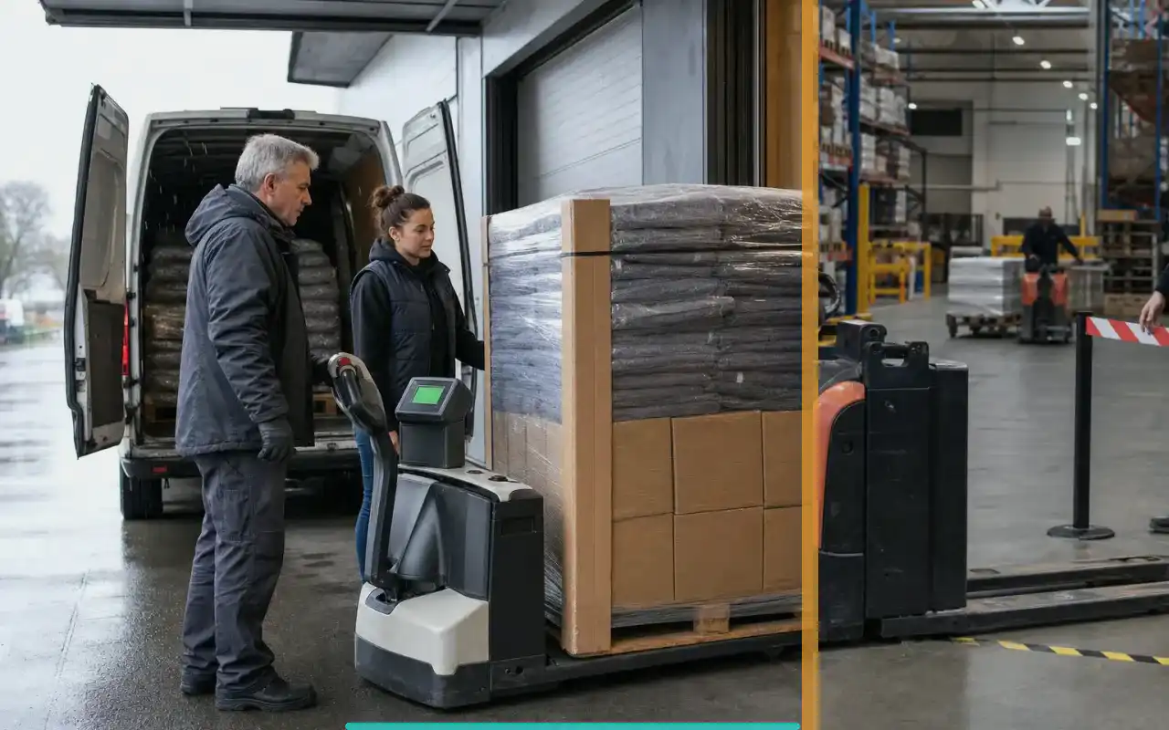 Niederhubwagen mit 1.600 kg für den Großhandel: redaktionelle Bildkomposition zur Arbeitssituation