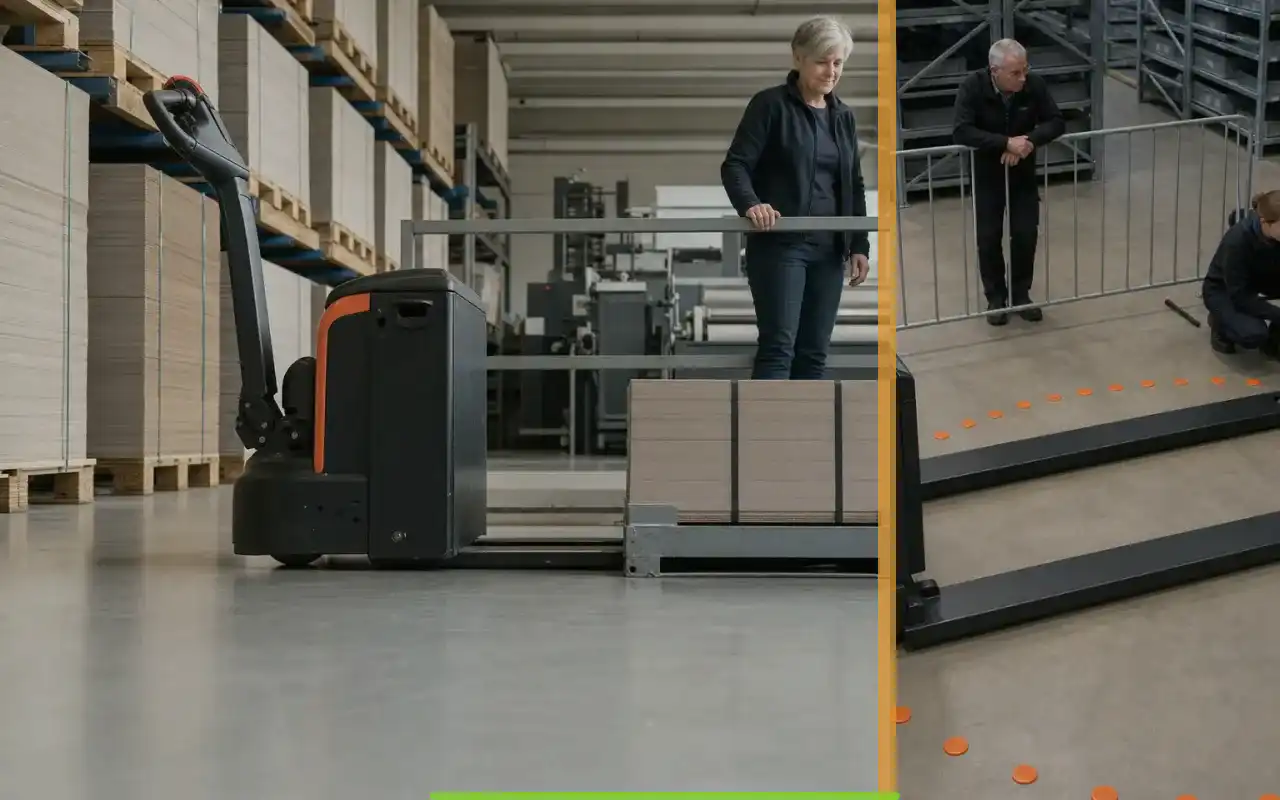 Niederhubwagen mit 2.000 kg für lange Strecken: redaktionelle Bildkomposition zur Arbeitssituation