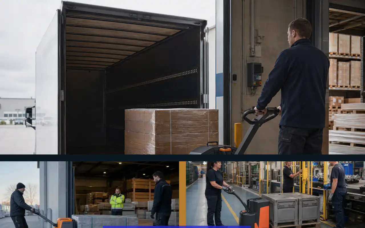 Niederhubwagen mit 2.000 kg für die Logistik: redaktionelle Bildkomposition zur Arbeitssituation