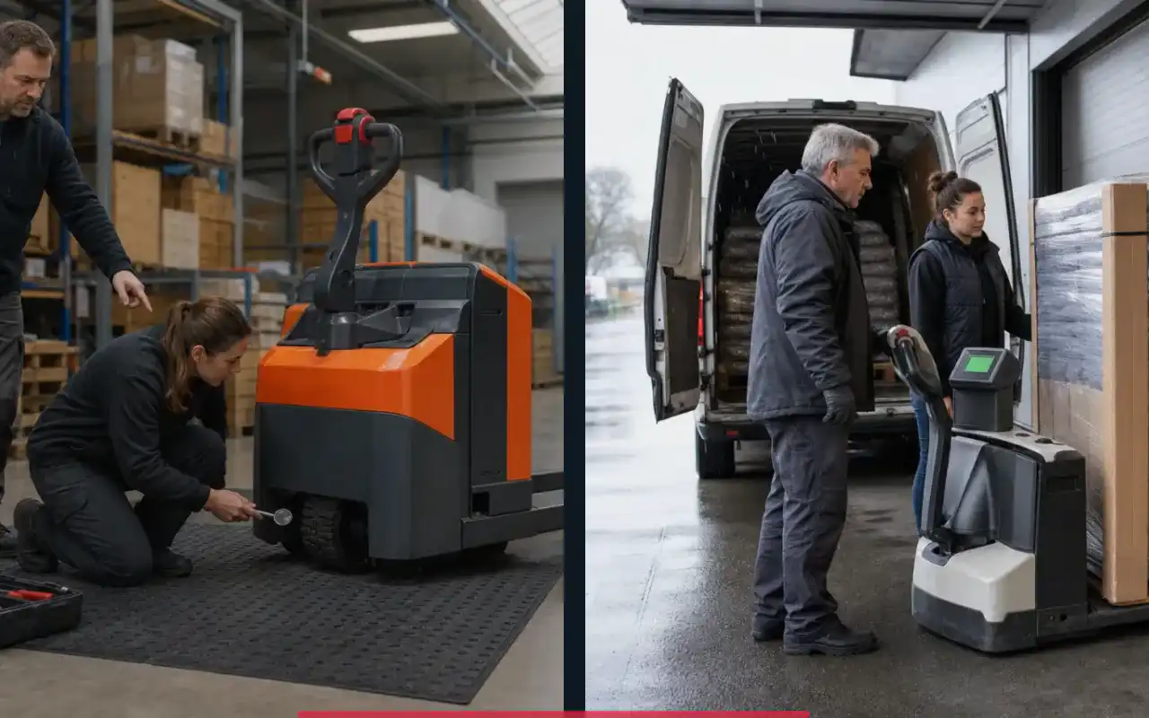Niederhubwagen mit 2.500 kg für das Lager: redaktionelle Bildkomposition zur Arbeitssituation