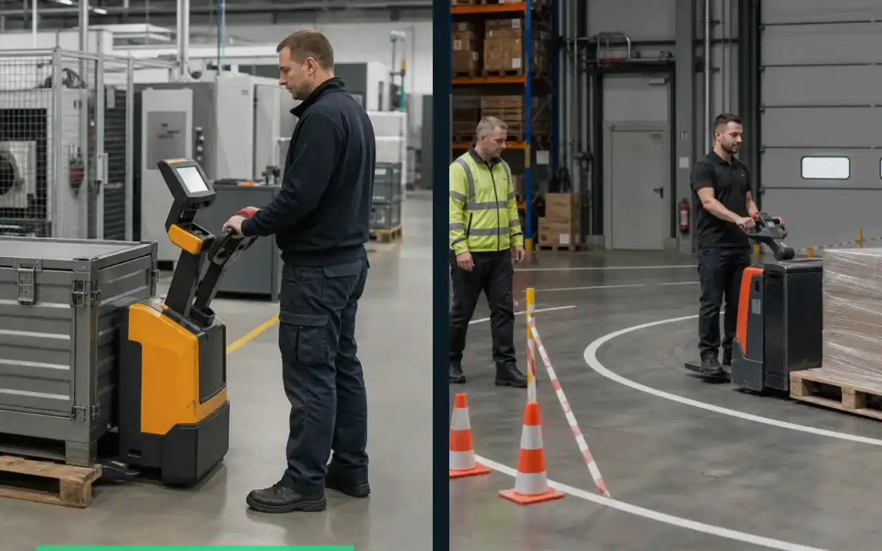 Niederhubwagen für die Produktion: passend zum Prozess: redaktionelle Bildkomposition zur Arbeitssituation