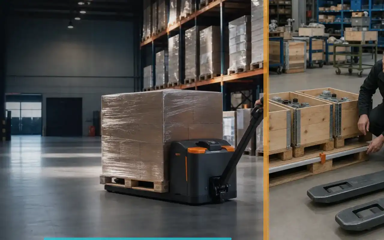 Niederhubwagen mit Initialhub für die Logistik: redaktionelle Bildkomposition zur Arbeitssituation