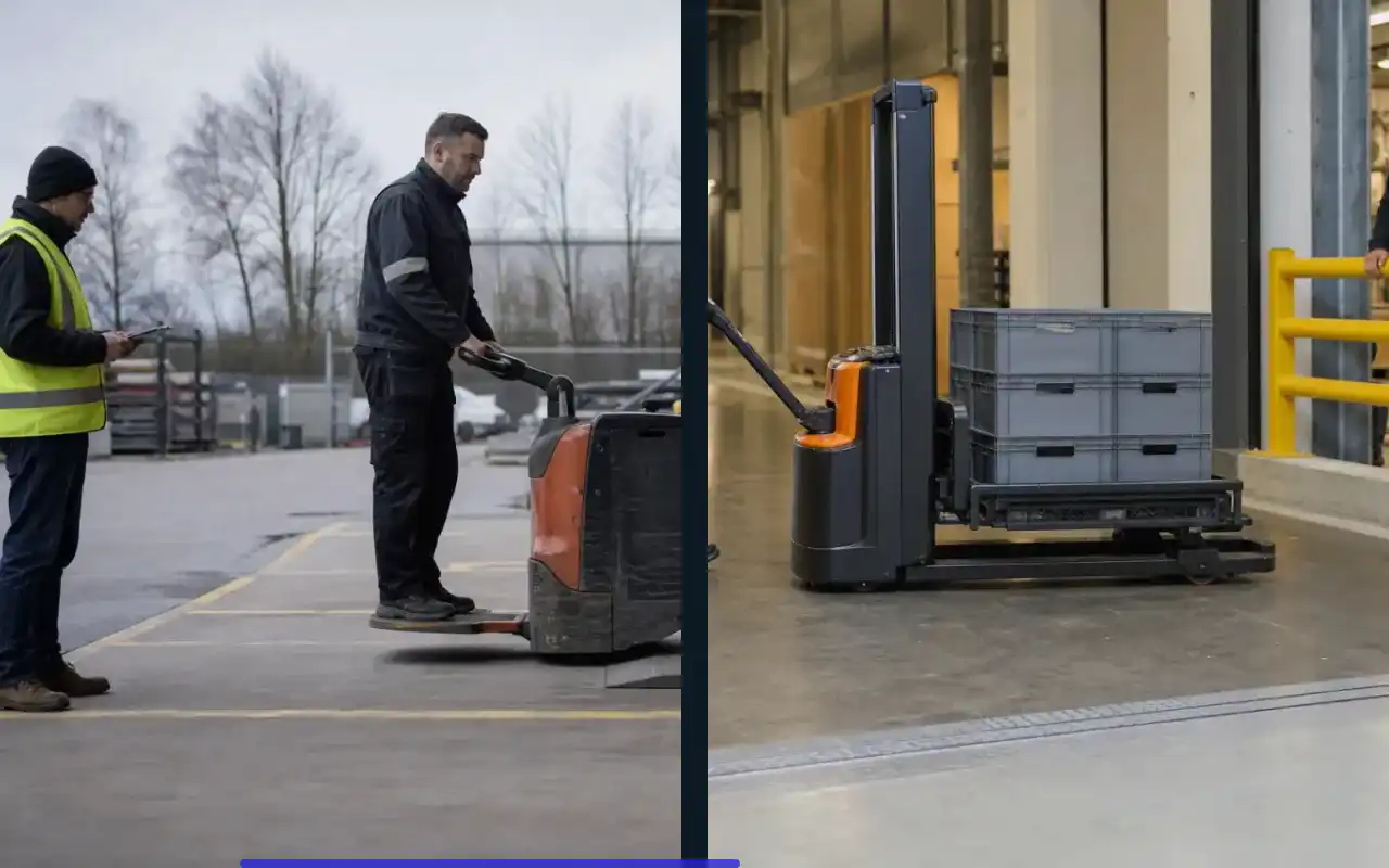 Niederhubwagen mit Lithium-Ionen-Akku für die Spedition: redaktionelle Bildkomposition zur Arbeitssituation