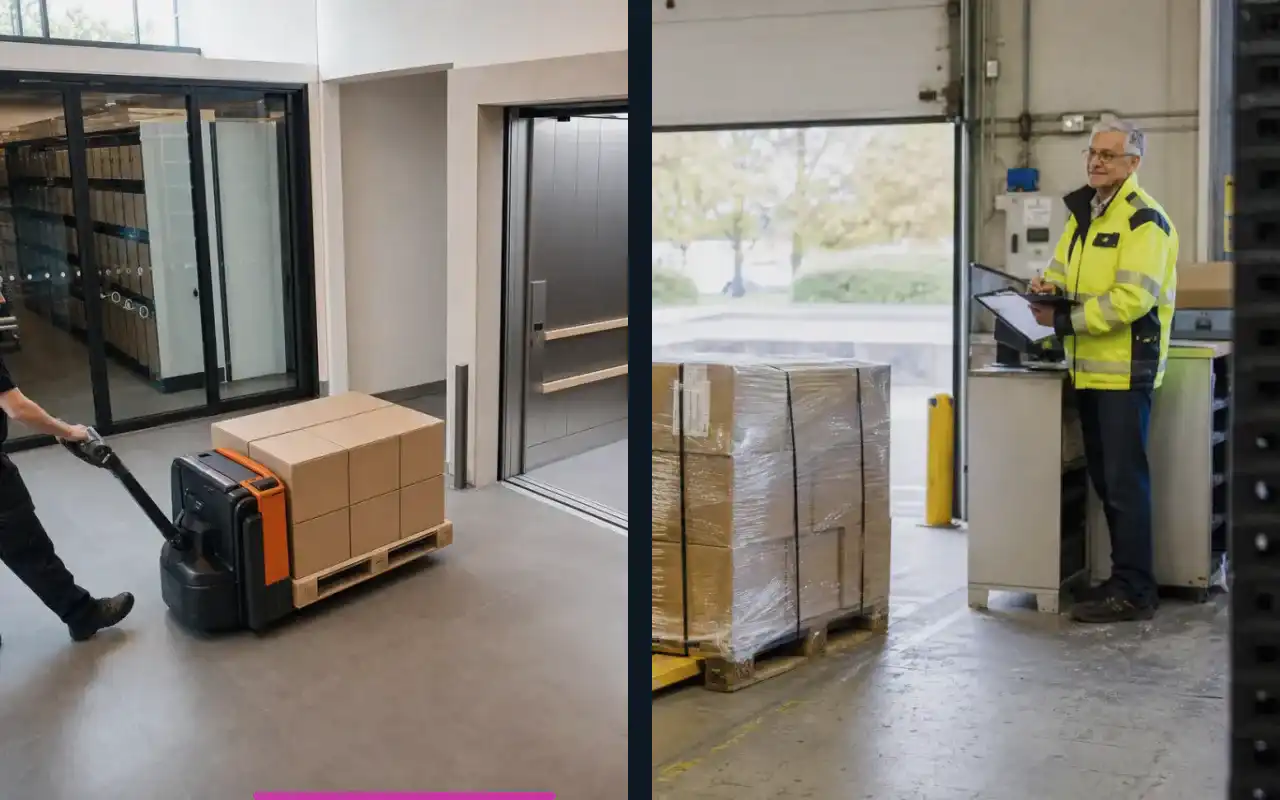Plattformhubwagen mit 1.000 kg für die Kommissionierung: redaktionelle Bildkomposition zur Arbeitssituation