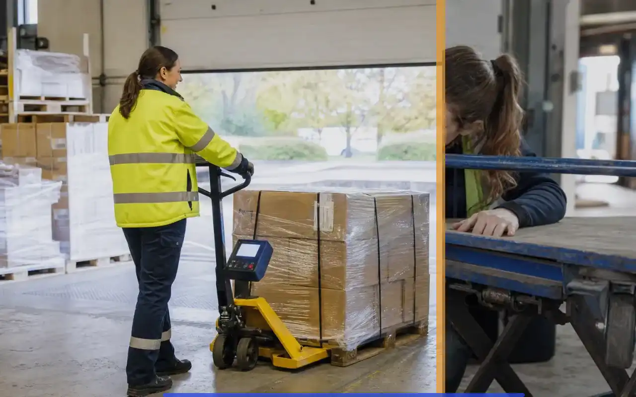 Plattformhubwagen mit 1.500 kg für die Kommissionierung: redaktionelle Bildkomposition zur Arbeitssituation