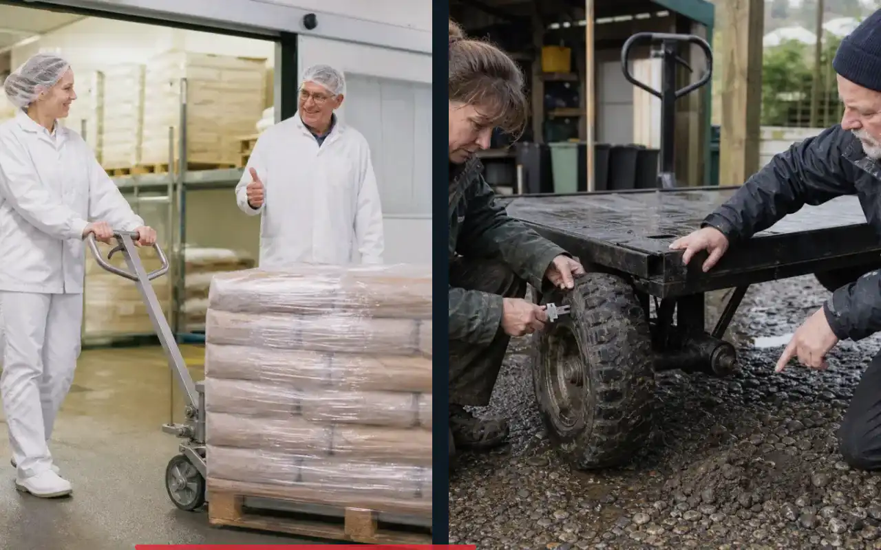 Plattformhubwagen mit 1.500 kg für das Lager: redaktionelle Bildkomposition zur Arbeitssituation