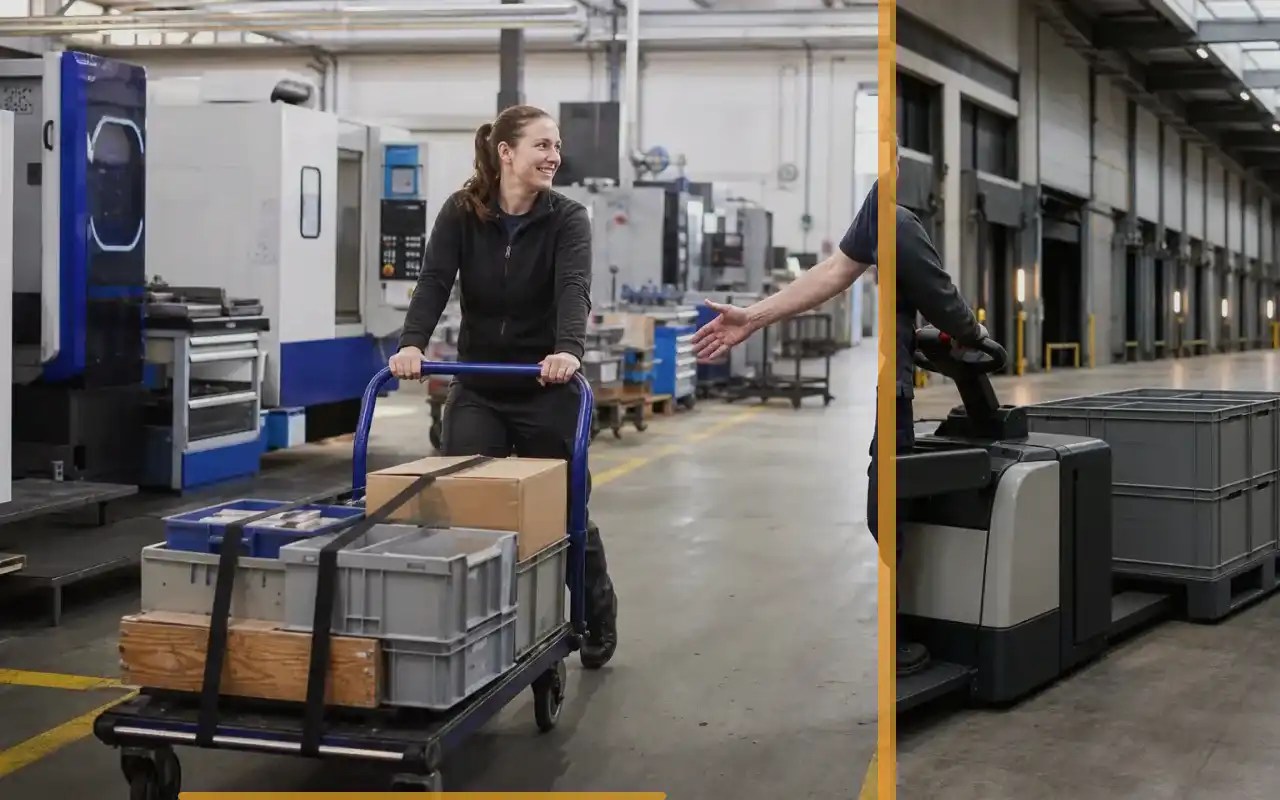 Plattformhubwagen mit 1.500 kg für die Produktion: redaktionelle Bildkomposition zur Arbeitssituation