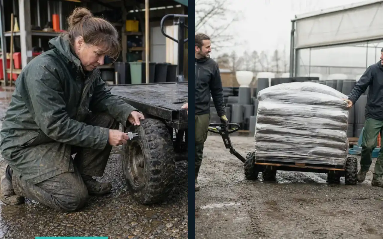 Plattformhubwagen mit 1.500 kg für die Werkstatt: redaktionelle Bildkomposition zur Arbeitssituation