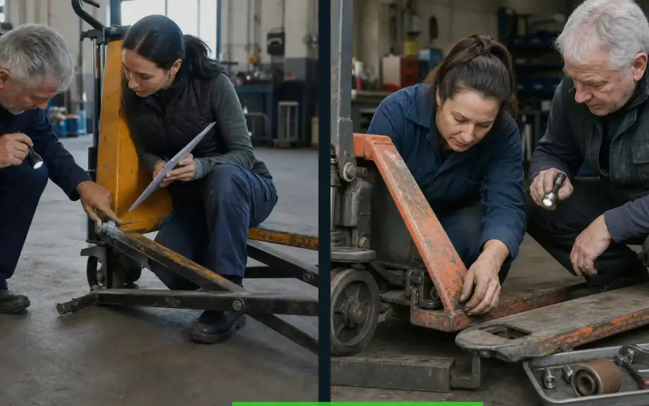 Plattformhubwagen mit 500 kg für die Werkstatt: redaktionelle Bildkomposition zur Arbeitssituation