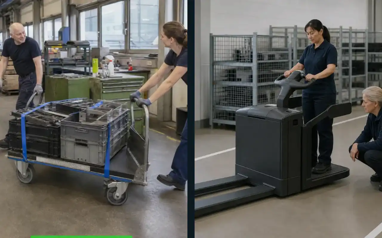 Plattformhubwagen für die Werkstatt: passend zum Prozess: redaktionelle Bildkomposition zur Arbeitssituation
