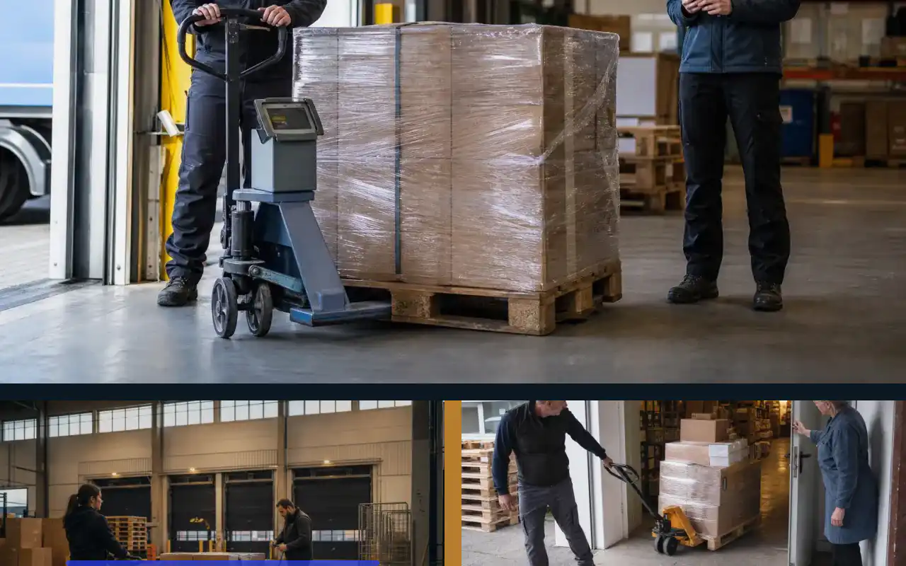 Plattformhubwagen gebraucht kaufen: Zustand richtig bewerten: redaktionelle Bildkomposition zur Arbeitssituation