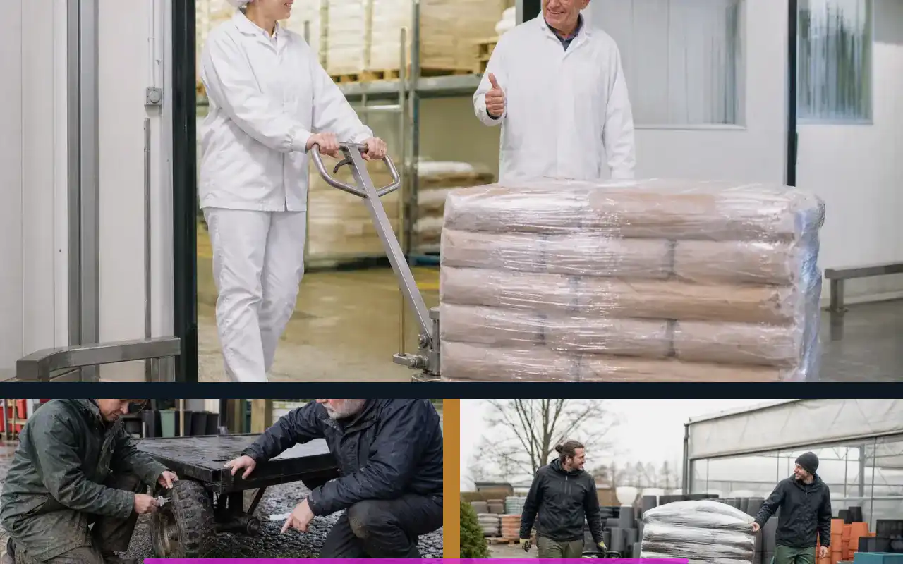 Plattformhubwagen-Reparatur wirtschaftlich einordnen: redaktionelle Bildkomposition zur Arbeitssituation