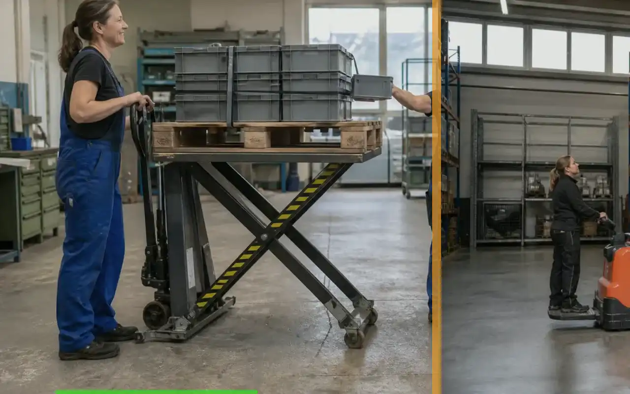 Scherenhubwagen mit 1.000 kg für den Einzelhandel: redaktionelle Bildkomposition zur Arbeitssituation