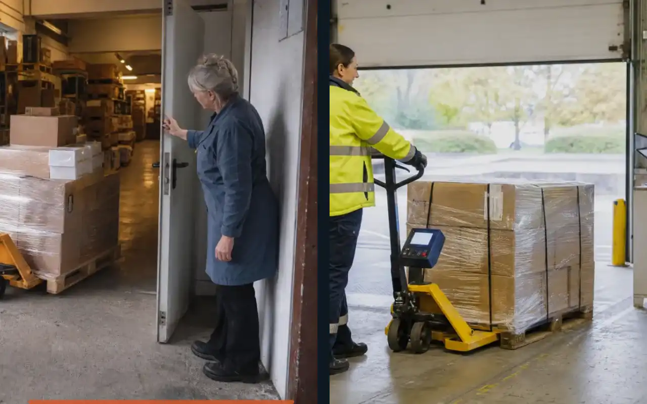 Scherenhubwagen mit 1.000 kg für die Kommissionierung: redaktionelle Bildkomposition zur Arbeitssituation