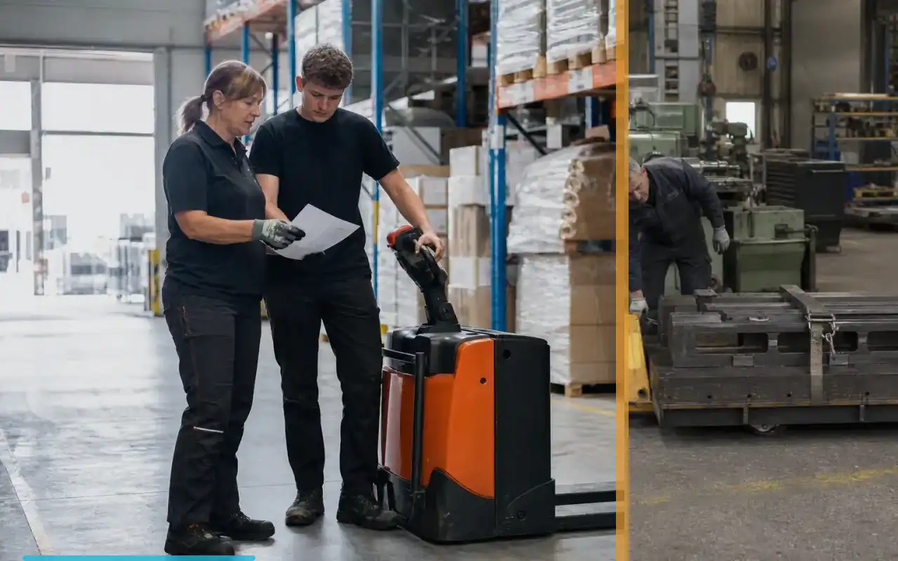 Scherenhubwagen mit 1.000 kg für die Produktion: redaktionelle Bildkomposition zur Arbeitssituation