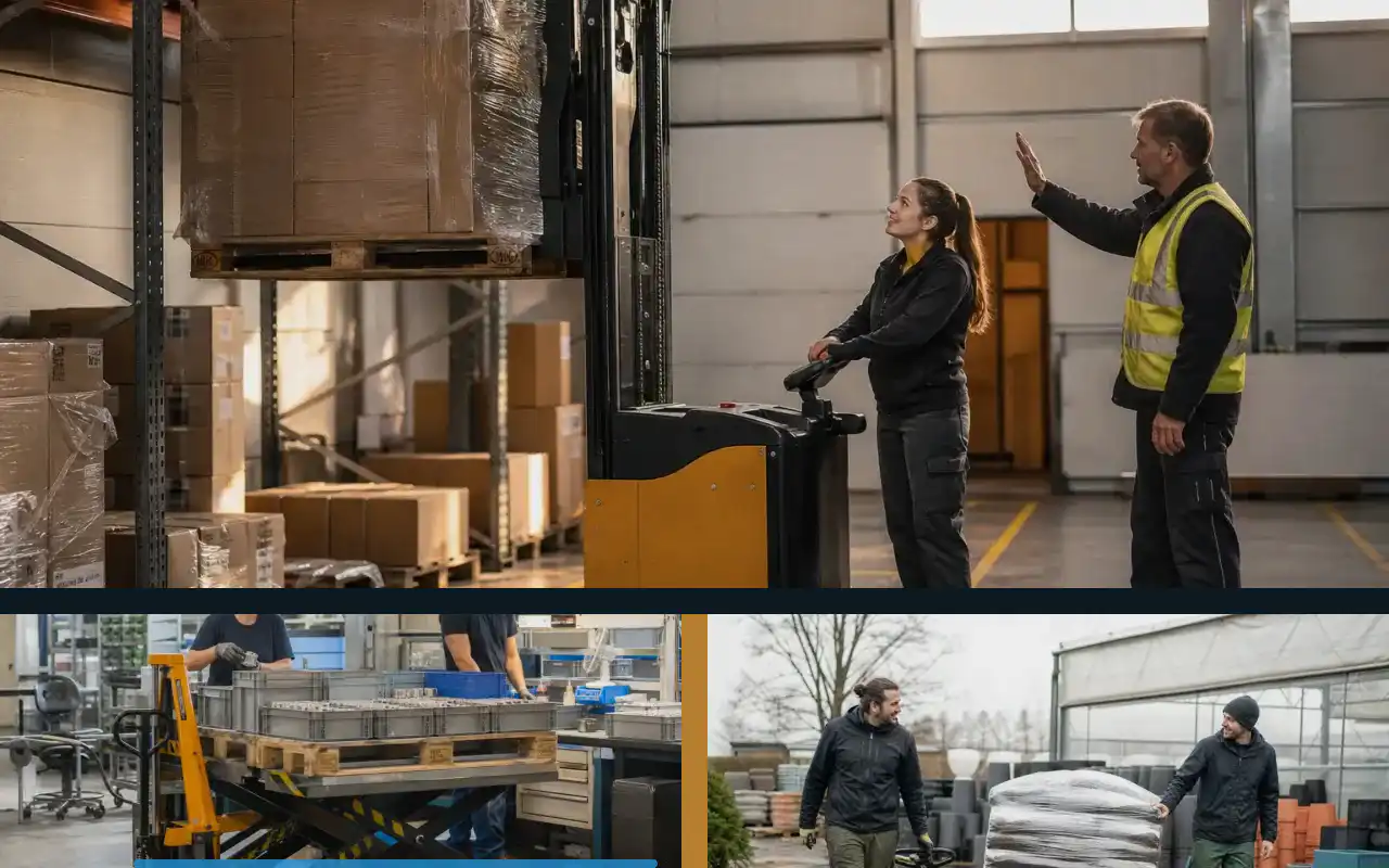 Scherenhubwagen mit 1.000 kg für die Werkstatt: redaktionelle Bildkomposition zur Arbeitssituation