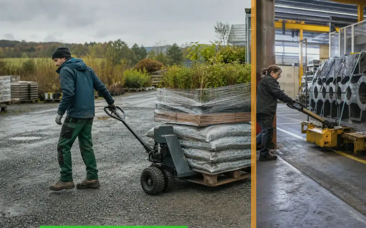 Scherenhubwagen mit 1.500 kg für den Wareneingang: redaktionelle Bildkomposition zur Arbeitssituation