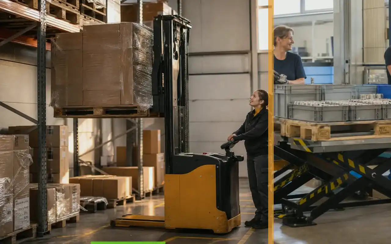 Scherenhubwagen in einen Arbeitsplatz integrieren: redaktionelle Bildkomposition zur Arbeitssituation