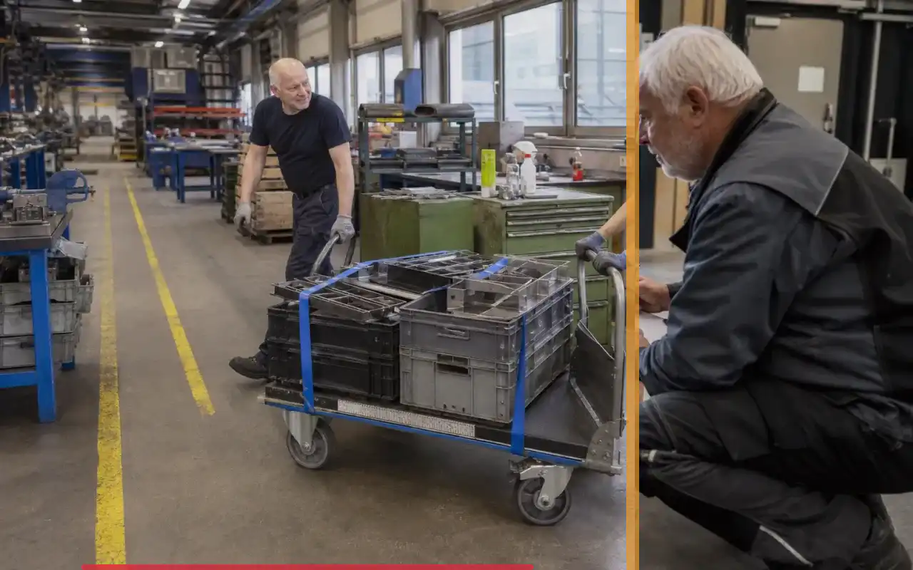 Scherenhubwagen aus Edelstahl für die Produktion: redaktionelle Bildkomposition zur Arbeitssituation